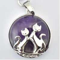 Amethyst Silver Metal Cats Key Ring