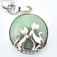 Green Aventurine Silver Metal Cats Key Ring