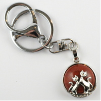 Red Jasper Silver Metal Cats Key Ring