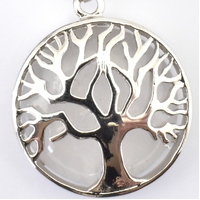 Clear Quartz Silver Metal Round Tree Of Life Key Ring