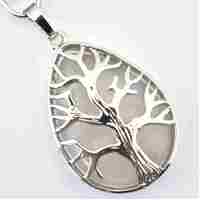 Clear Quartz Silver Metal Teardrop Tree Of Life Key Ring